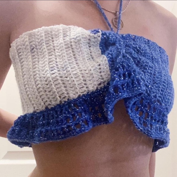Handmade Tops - Handmade Blue and White Crochet Glitter Halter Top